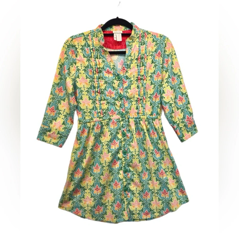 Matilda Jane Dress Button‎ up 3/4 Sleeve Tie Waist Floral Green Yellow Size S